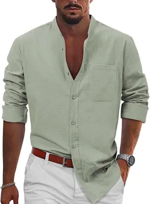 2025 Mens Linen Shirts Casual Button Down Shirts Long Sleeve Roll-Up Sleeve Summer Beach Blouses Tops with Hood