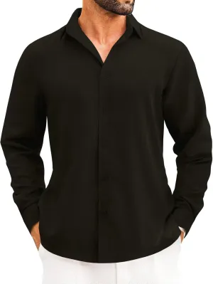 2025 Mens Linen Shirts Casual Button Down Shirts Long Sleeve Roll-Up Sleeve Summer Beach Blouses Tops with Hood