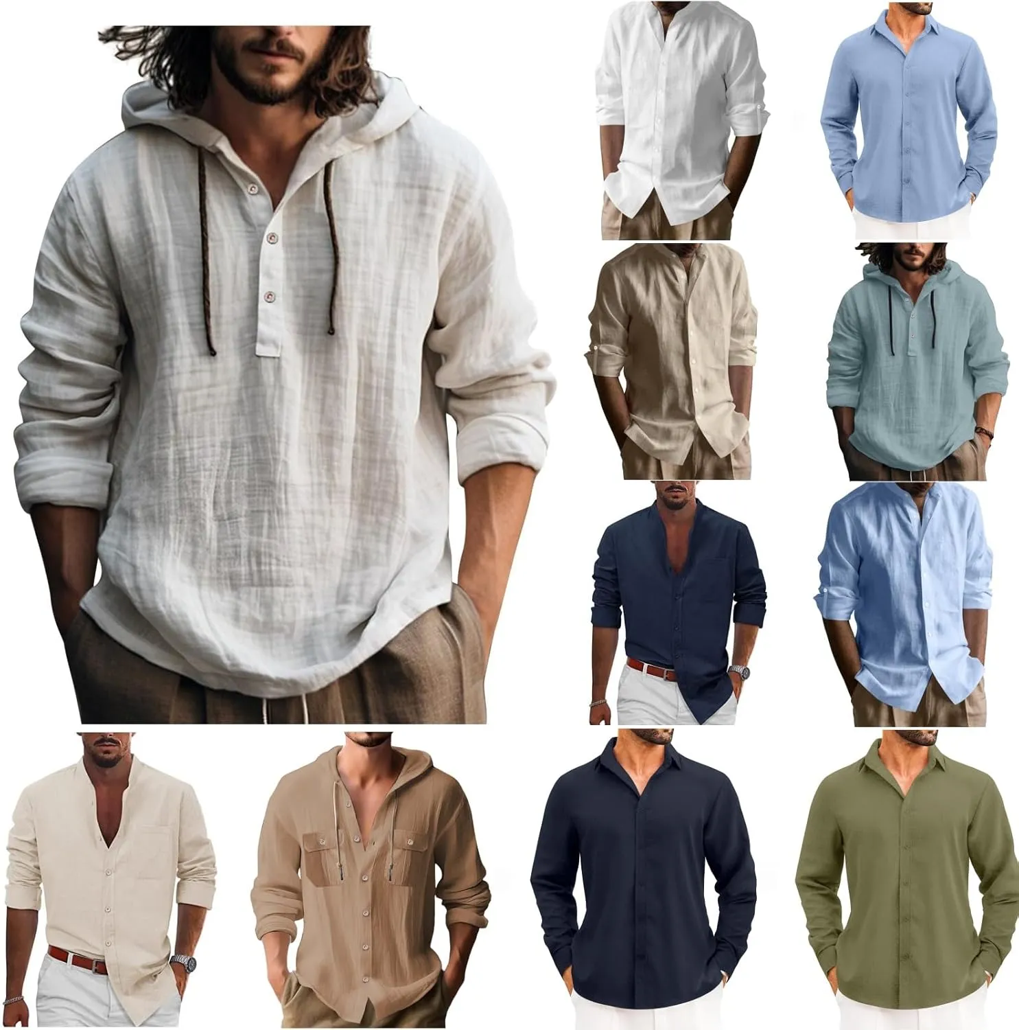 2025 Mens Linen Shirts Casual Button Down Shirts Long Sleeve Roll-Up Sleeve Summer Beach Blouses Tops with Hood