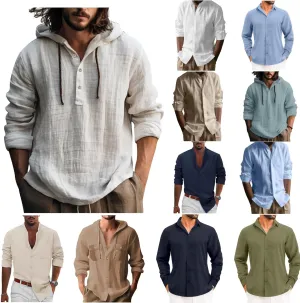 2025 Mens Linen Shirts Casual Button Down Shirts Long Sleeve Roll-Up Sleeve Summer Beach Blouses Tops with Hood