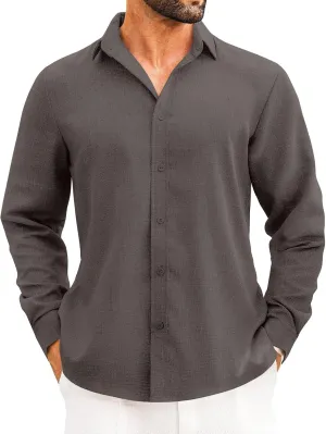 2025 Mens Linen Shirts Casual Button Down Shirts Long Sleeve Roll-Up Sleeve Summer Beach Blouses Tops with Hood