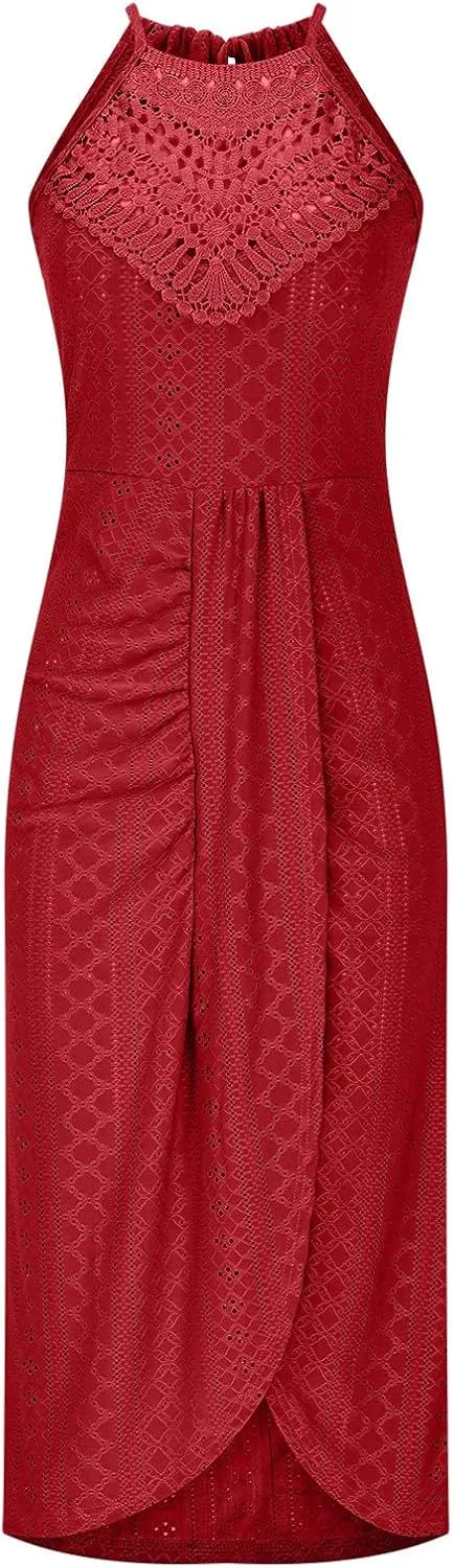 2025 Womens Halter Tie Back Dresses Summer Sleeveless Slit Front Pleated Eyelet Trendy Lace Bodycon Ruched Midi Sundress