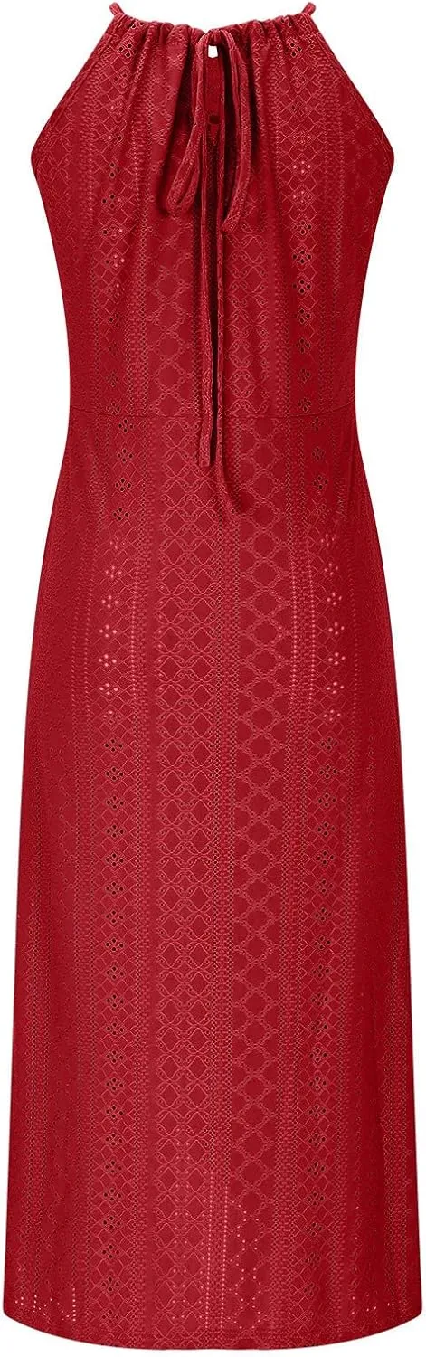 2025 Womens Halter Tie Back Dresses Summer Sleeveless Slit Front Pleated Eyelet Trendy Lace Bodycon Ruched Midi Sundress