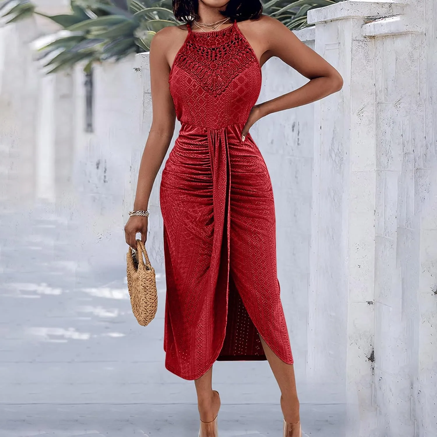 2025 Womens Halter Tie Back Dresses Summer Sleeveless Slit Front Pleated Eyelet Trendy Lace Bodycon Ruched Midi Sundress