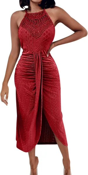 2025 Womens Halter Tie Back Dresses Summer Sleeveless Slit Front Pleated Eyelet Trendy Lace Bodycon Ruched Midi Sundress