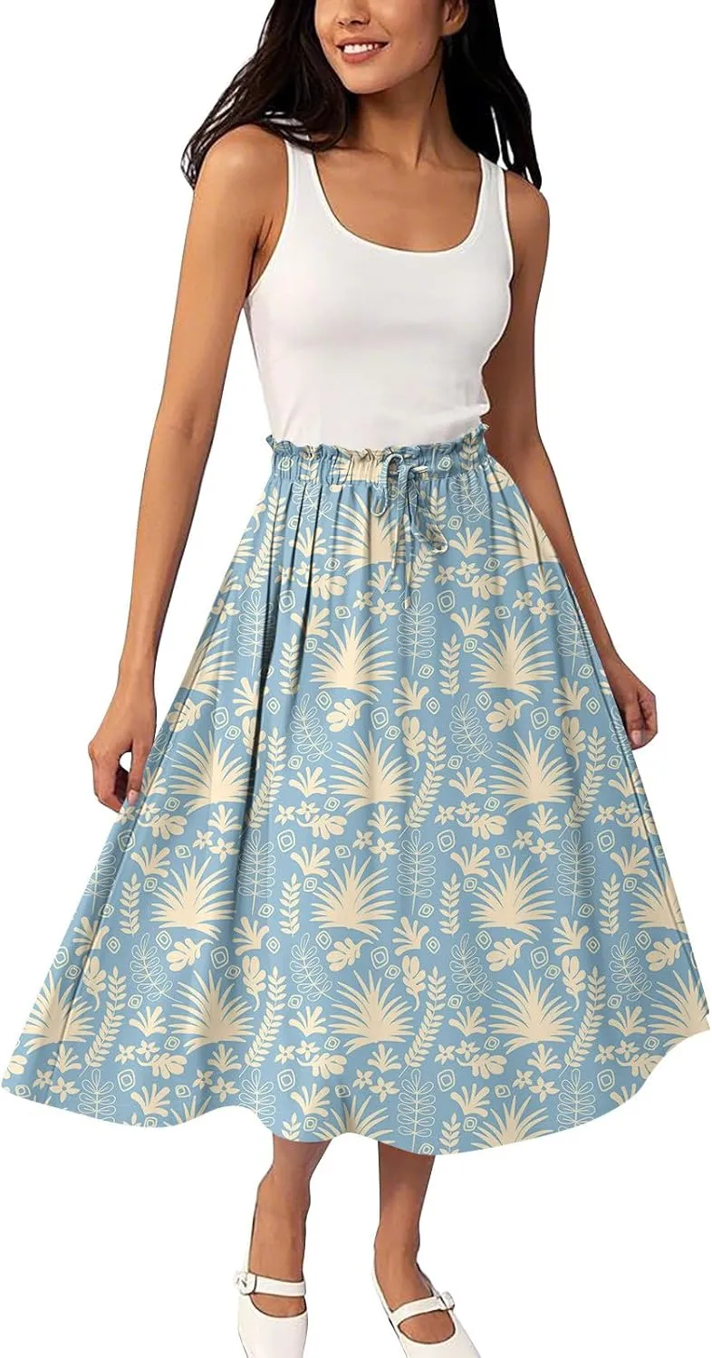 ADHOWBEW Boho Skirts for Women Beach A Line Plus Size Flowy High Waisted Cute Casual Midi Length Ruffle Trendy Spring Skirts
