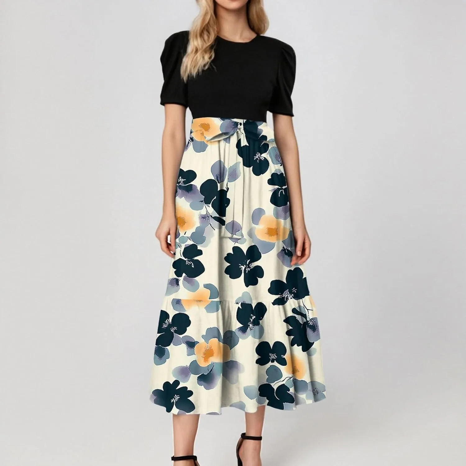 ADHOWBEW Dresses for Women 2025 O Neck Casual Sexy Vacation Beach Empire Waist Short Sleeve Party Dresses