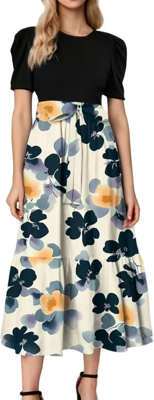 ADHOWBEW Dresses for Women 2025 O Neck Casual Sexy Vacation Beach Empire Waist Short Sleeve Party Dresses