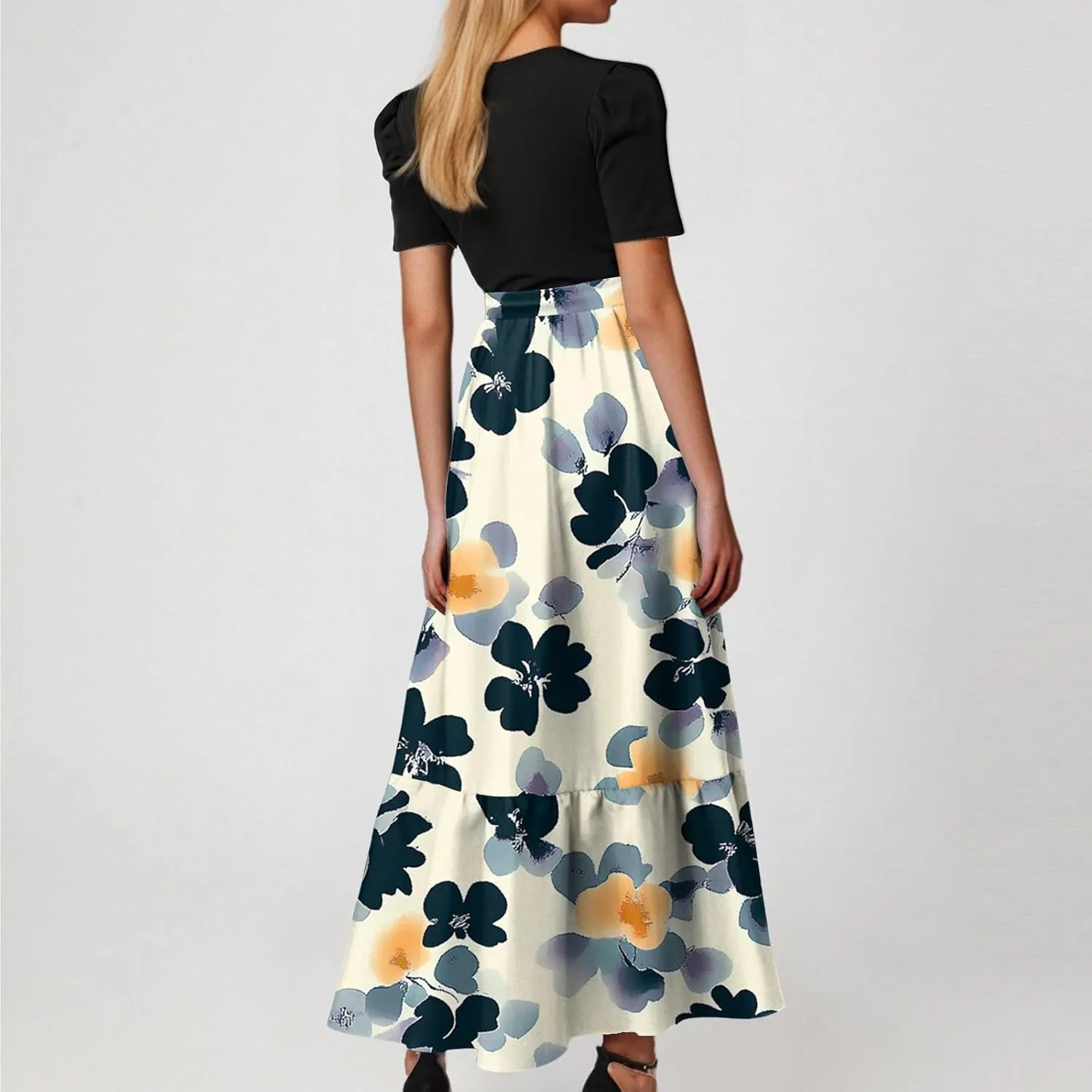 ADHOWBEW Dresses for Women 2025 O Neck Casual Sexy Vacation Beach Empire Waist Short Sleeve Party Dresses