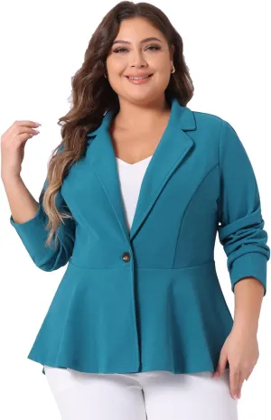Agnes Orinda Women's Plus Size Blazer Notch Panel V Neck Ruffle Button Work Office Suit Jackets Peplum Blazers