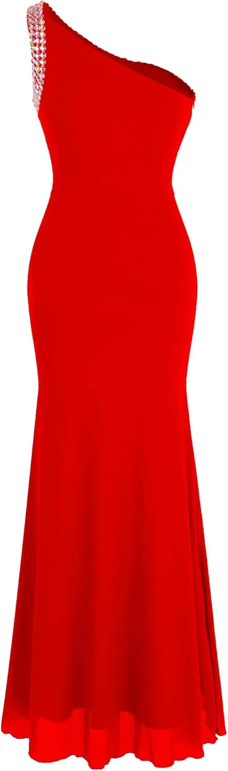 Angel-fashions Women's One Shoulder Ruching Beading Ribbon Soft Evening Gown
