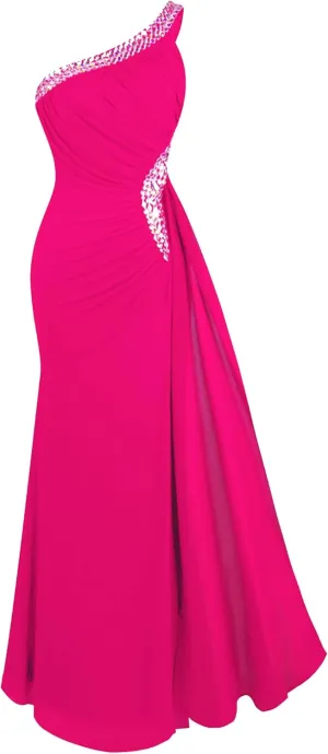 Angel-fashions Women's One Shoulder Ruching Beading Ribbon Soft Evening Gown