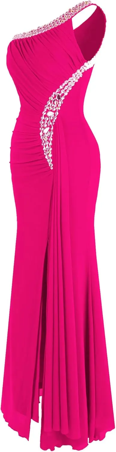 Angel-fashions Women's One Shoulder Ruching Beading Ribbon Soft Evening Gown