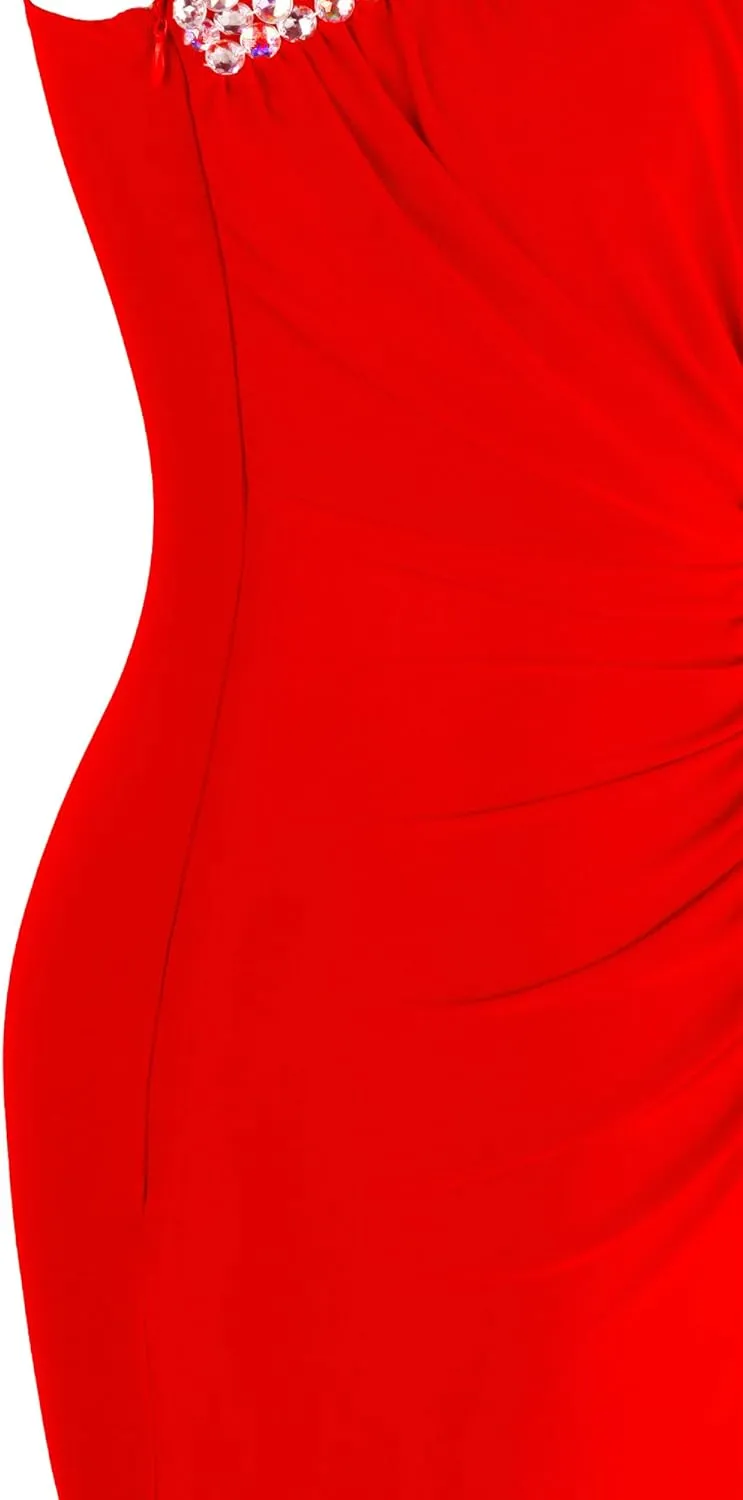 Angel-fashions Women's One Shoulder Ruching Beading Ribbon Soft Evening Gown
