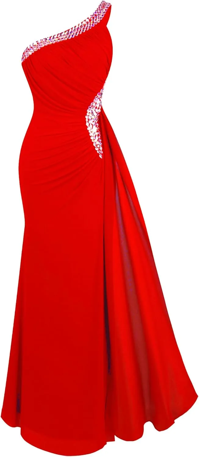Angel-fashions Women's One Shoulder Ruching Beading Ribbon Soft Evening Gown