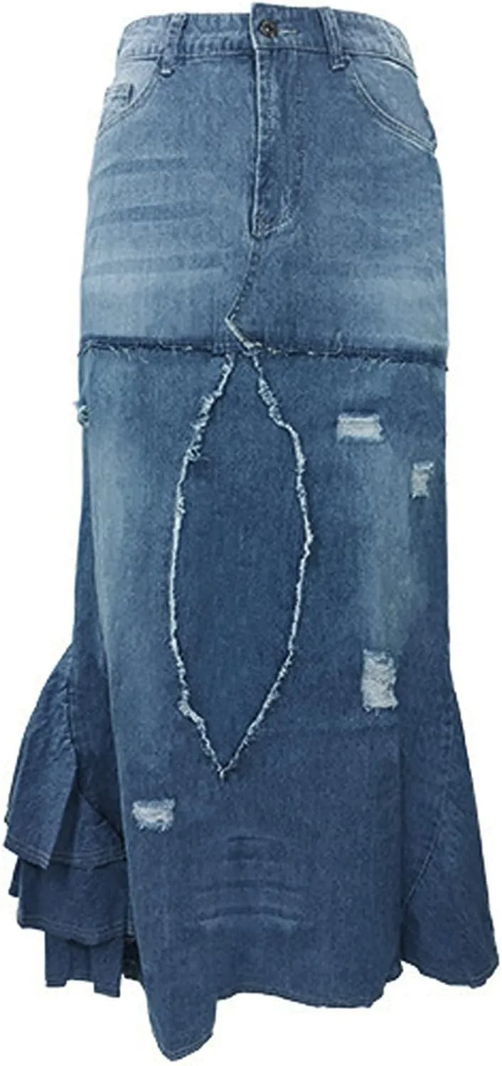 Asymmetrical Denim Skirts for Women High Waisted Casual Midi Length Skirt with Distressed Hem and Patchwork Design