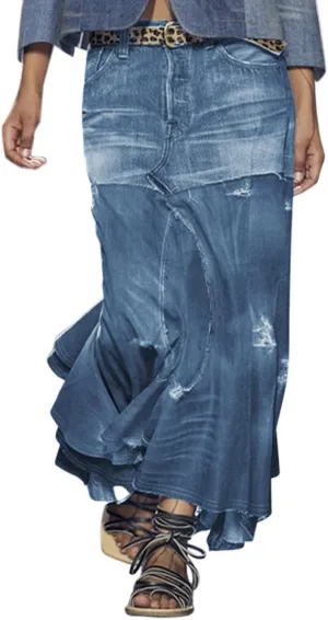 Asymmetrical Denim Skirts for Women High Waisted Casual Midi Length Skirt with Distressed Hem and Patchwork Design