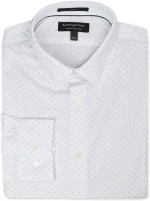 Banana Republic Mens 889942 Slim Fit Cotton Blend Non Iron Button Down Dress Shirt,, White/Grey Geometric
