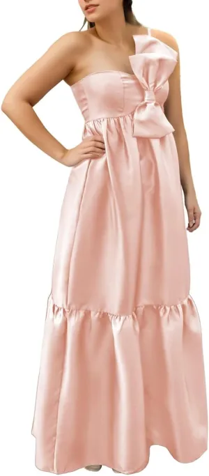BANTRATIC One Shoulder Bridesmaid Dresses with Bow Pocket Empire Waist Maternity Dresses Formal Wedding Guest Party Gown