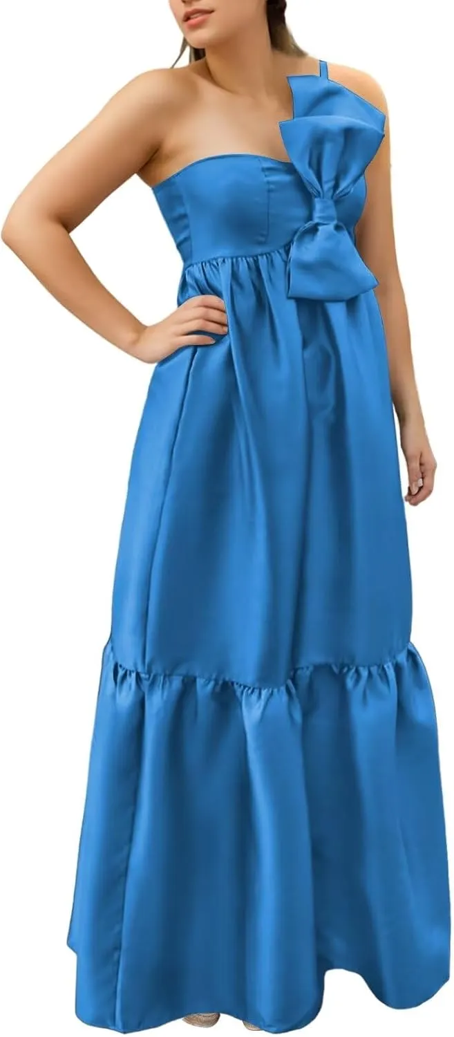 BANTRATIC One Shoulder Bridesmaid Dresses with Bow Pocket Empire Waist Maternity Dresses Formal Wedding Guest Party Gown