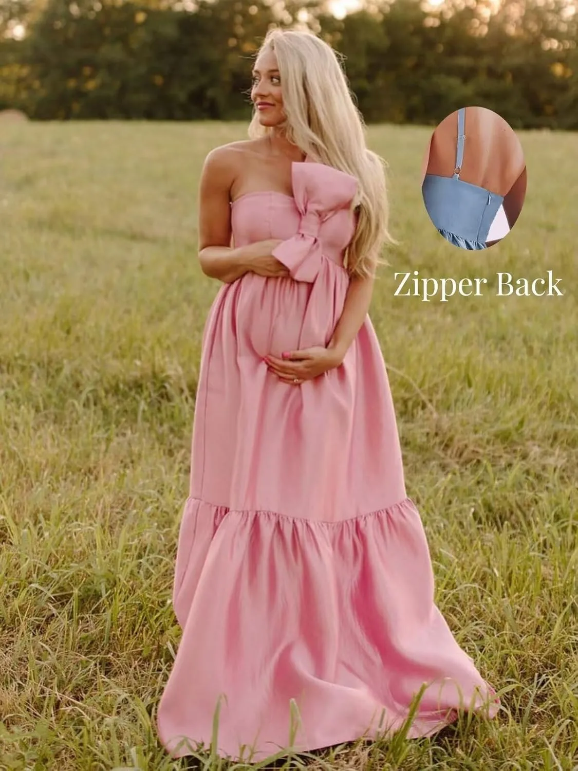 BANTRATIC One Shoulder Bridesmaid Dresses with Bow Pocket Empire Waist Maternity Dresses Formal Wedding Guest Party Gown