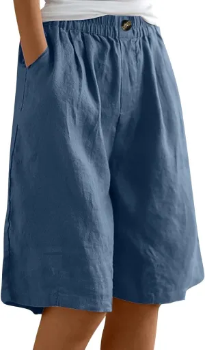 Bermuda Shorts for Women Knee Length Casual Linen Shorts Ladies Elastic Waist Loose Wide Leg Cotton Long Shorts