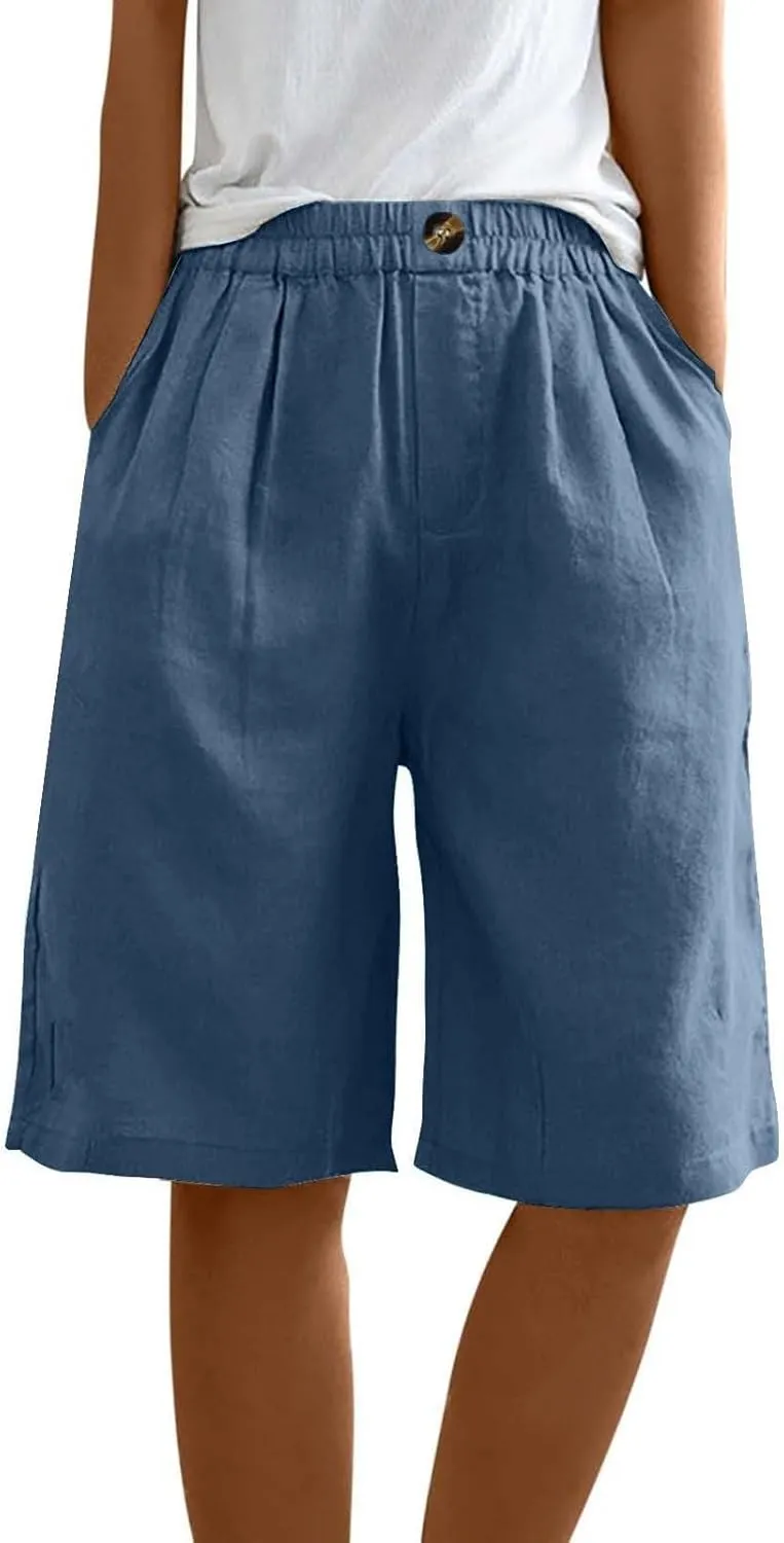 Bermuda Shorts for Women Knee Length Casual Linen Shorts Ladies Elastic Waist Loose Wide Leg Cotton Long Shorts
