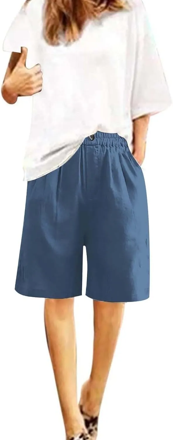 Bermuda Shorts for Women Knee Length Casual Linen Shorts Ladies Elastic Waist Loose Wide Leg Cotton Long Shorts