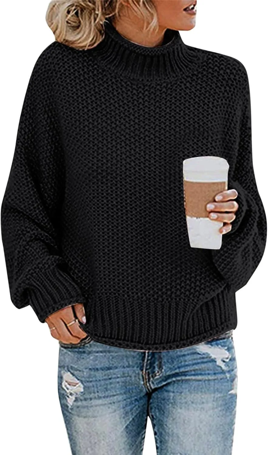Black Turtleneck Women 2024 Batwing Sleeve Loose Oversized Sweater Chunky Knitted Pullover Jumper Tops