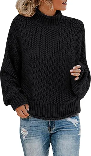 Black Turtleneck Women 2024 Batwing Sleeve Loose Oversized Sweater Chunky Knitted Pullover Jumper Tops
