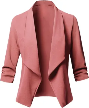 Blazers for Women Stretch 3/4 Gathered Sleeve Open Blazer Jacket Classic Draped Open Front Lightweight Blazer Tops