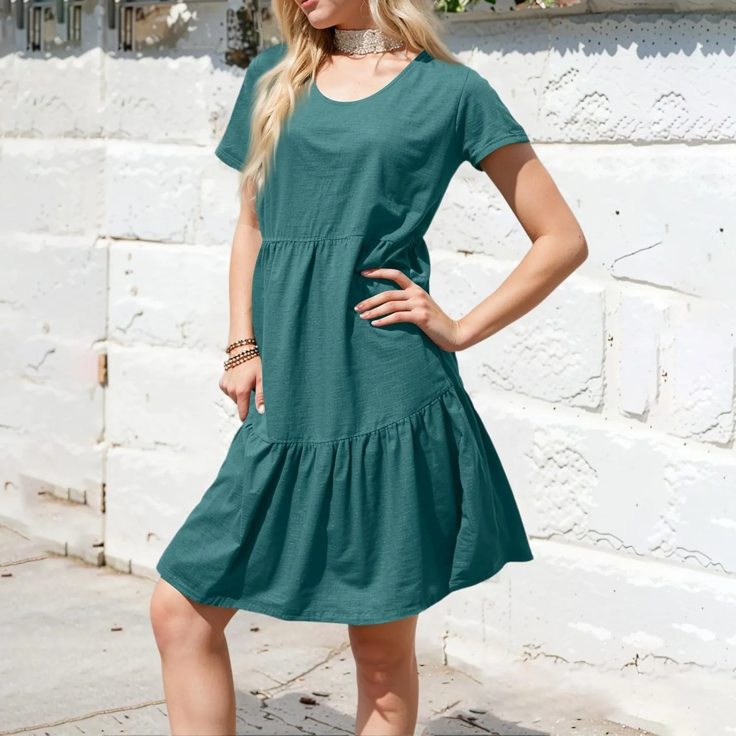 Bodydoll Dress for Women Short Sleeve Summer Crewneck Tiered Cute Tunic Dresses with Pockets