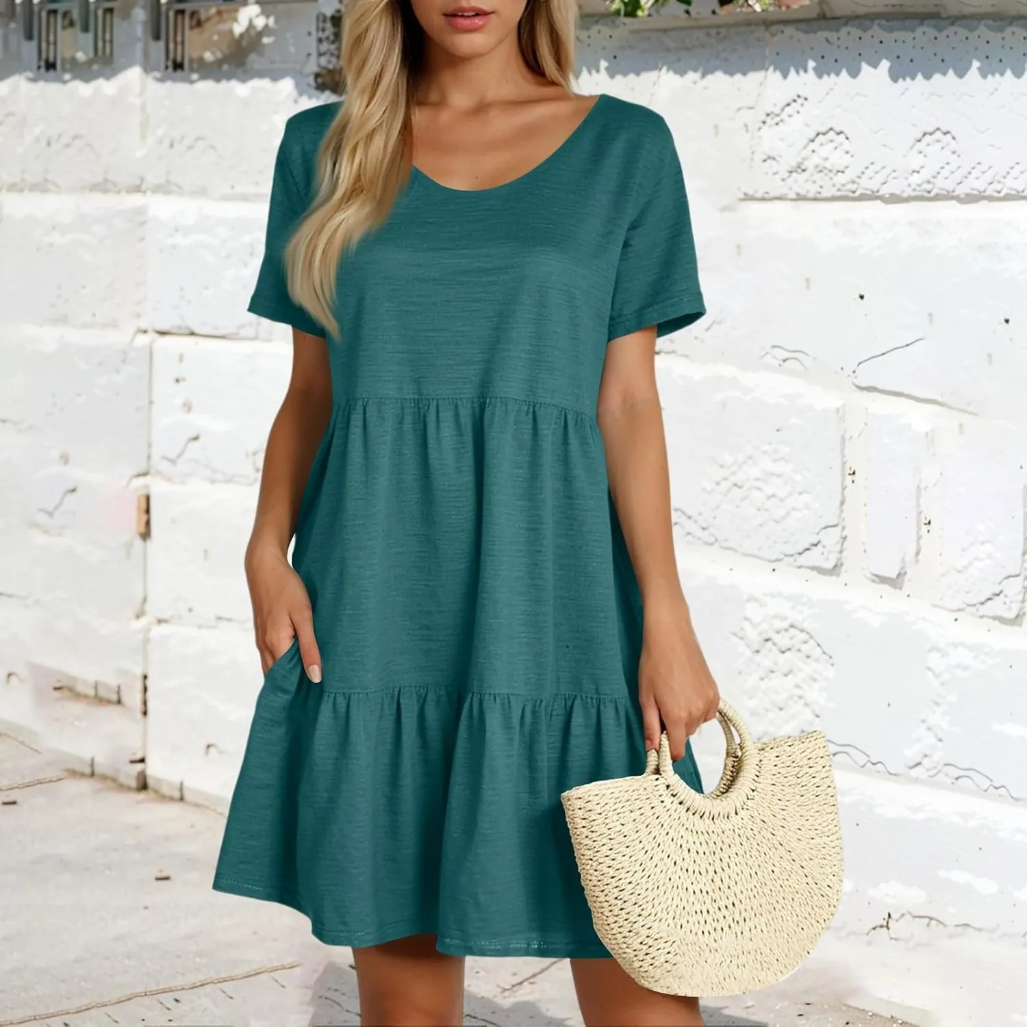 Bodydoll Dress for Women Short Sleeve Summer Crewneck Tiered Cute Tunic Dresses with Pockets