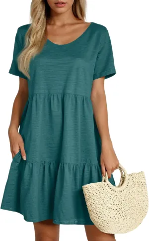 Bodydoll Dress for Women Short Sleeve Summer Crewneck Tiered Cute Tunic Dresses with Pockets