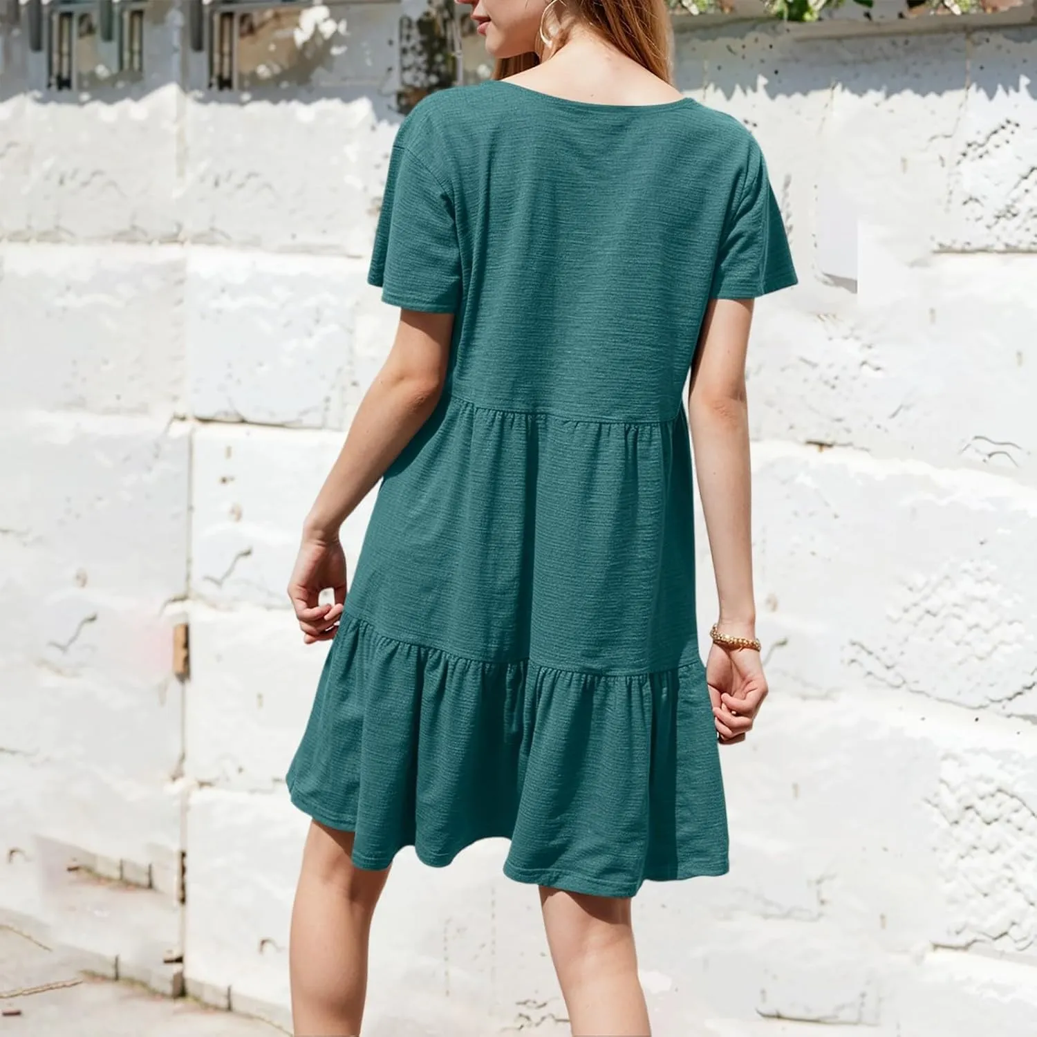 Bodydoll Dress for Women Short Sleeve Summer Crewneck Tiered Cute Tunic Dresses with Pockets