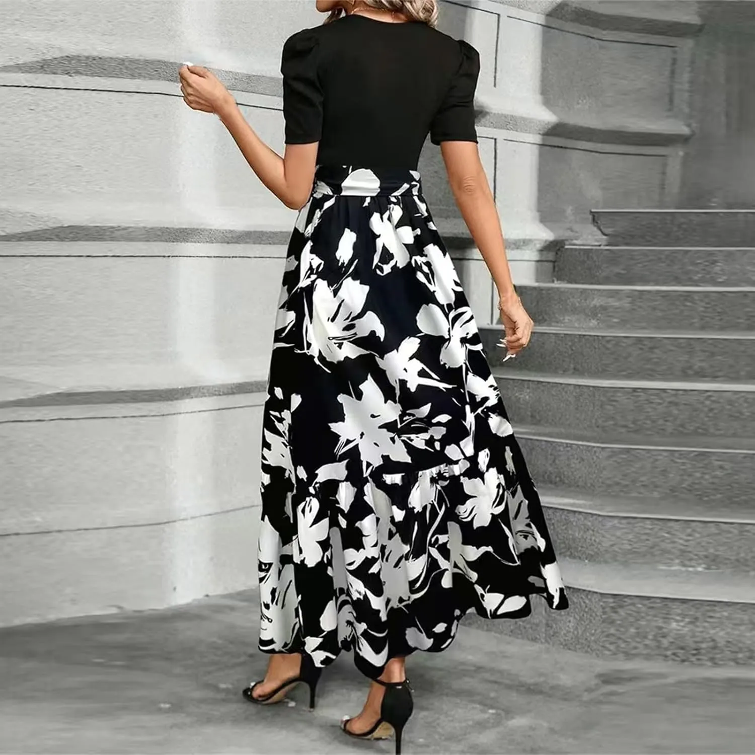 Boho Dresses for Women 2025 Floral Print Belted Patchwork Empire Waist Short Seleeve Maxi Dress