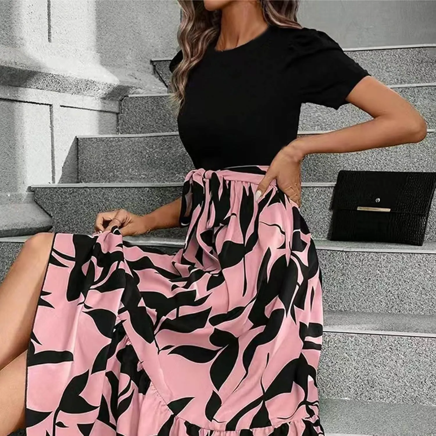 Boho Dresses for Women 2025 Floral Print Belted Patchwork Empire Waist Short Seleeve Maxi Dress