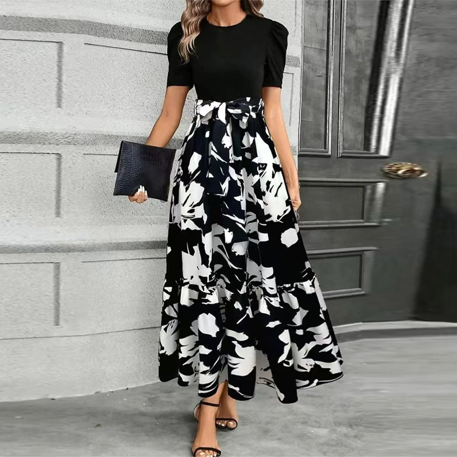 Boho Dresses for Women 2025 Floral Print Belted Patchwork Empire Waist Short Seleeve Maxi Dress