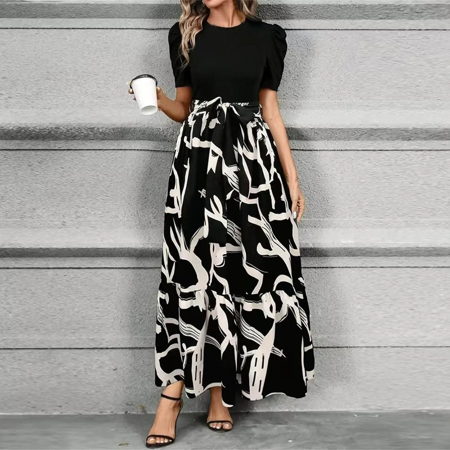 Boho Dresses for Women 2025 Floral Print Belted Patchwork Empire Waist Short Seleeve Maxi Dress