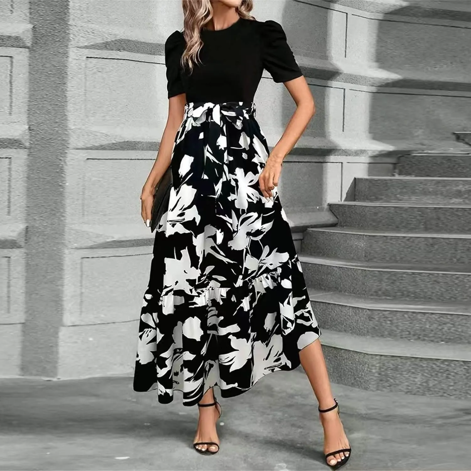 Boho Dresses for Women 2025 Floral Print Belted Patchwork Empire Waist Short Seleeve Maxi Dress