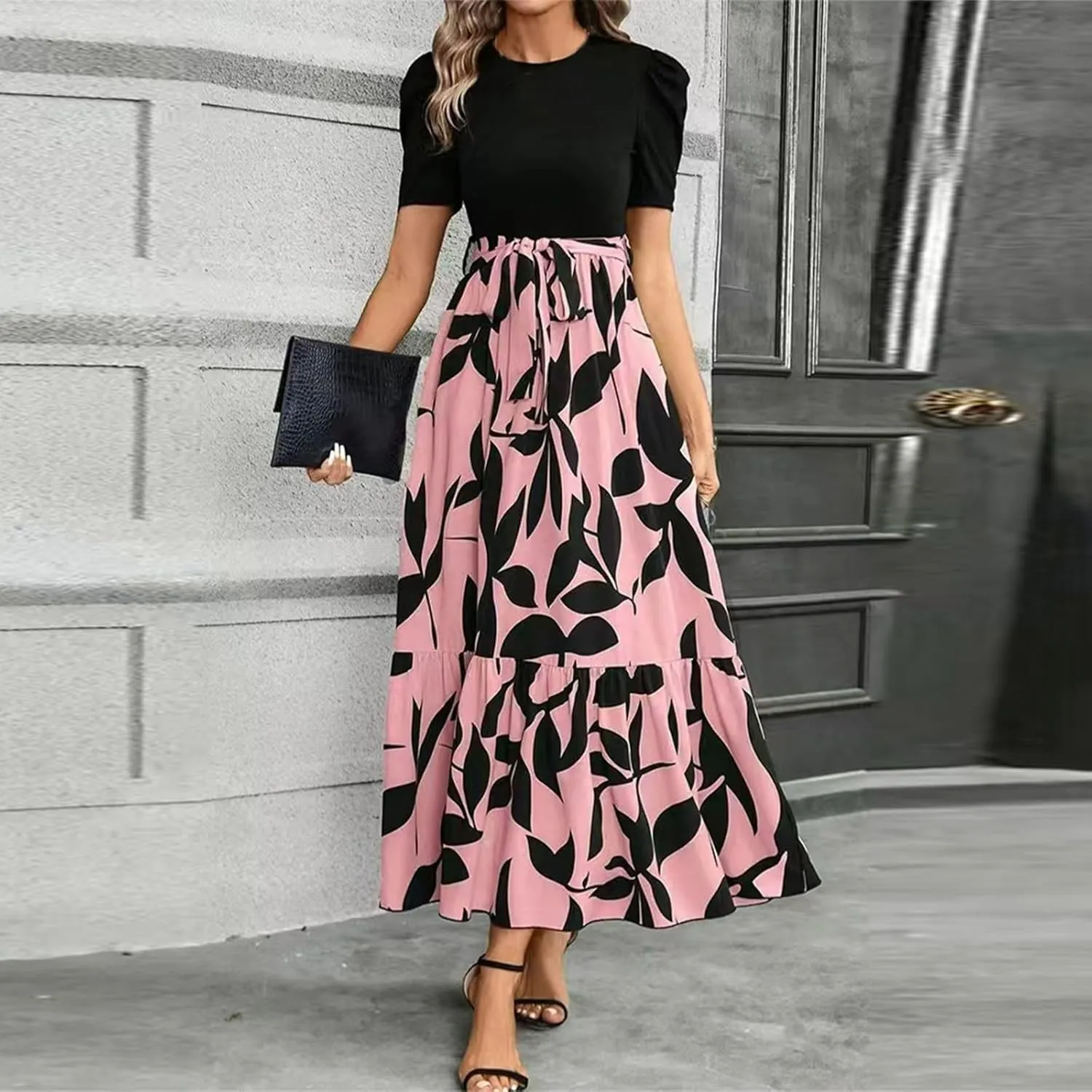 Boho Dresses for Women 2025 Floral Print Belted Patchwork Empire Waist Short Seleeve Maxi Dress