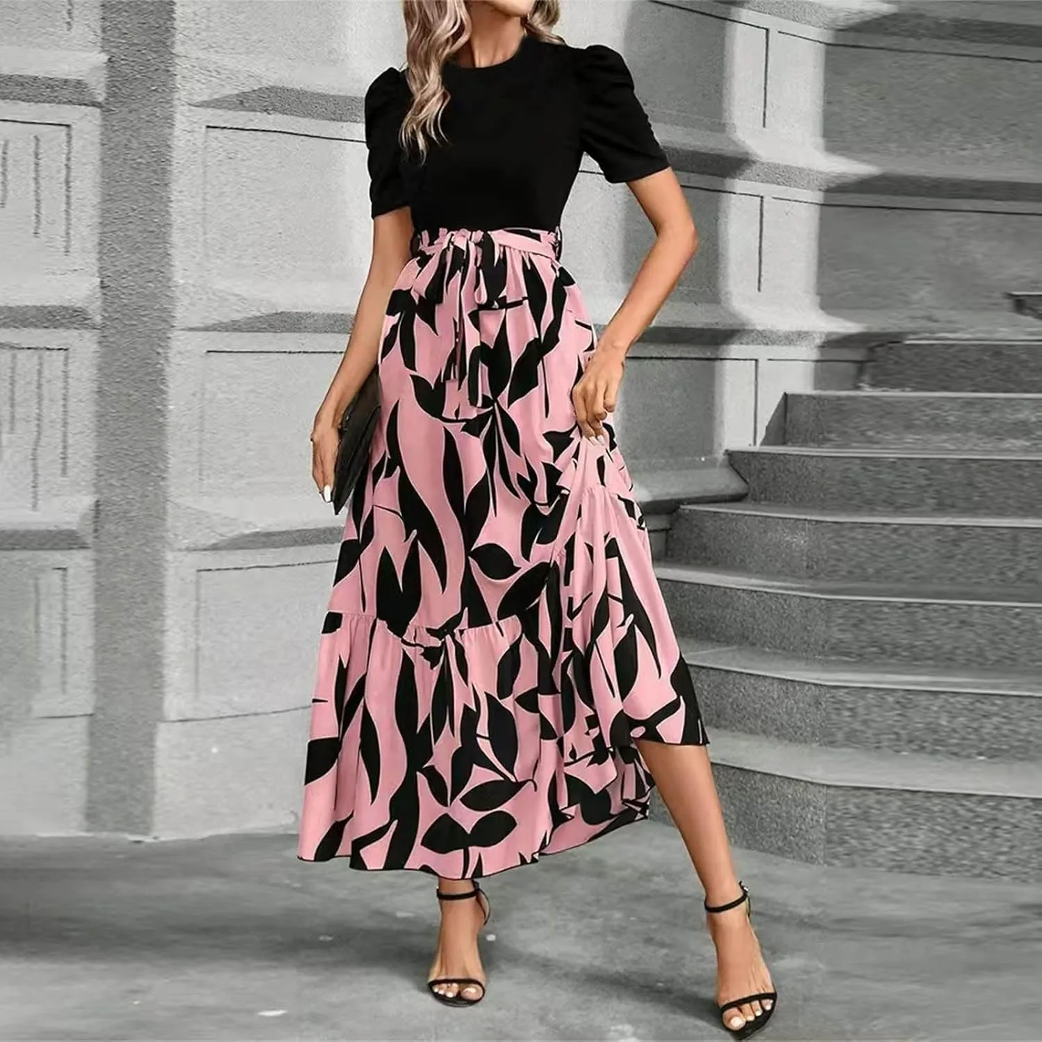 Boho Dresses for Women 2025 Floral Print Belted Patchwork Empire Waist Short Seleeve Maxi Dress