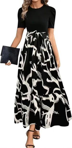 Boho Dresses for Women 2025 Floral Print Belted Patchwork Empire Waist Short Seleeve Maxi Dress