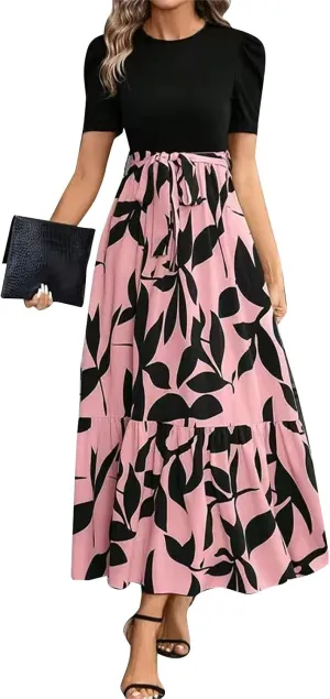 Boho Dresses for Women 2025 Floral Print Belted Patchwork Empire Waist Short Seleeve Maxi Dress