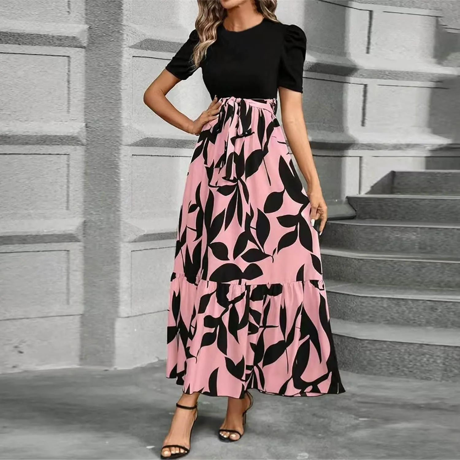Boho Dresses for Women 2025 Floral Print Belted Patchwork Empire Waist Short Seleeve Maxi Dress