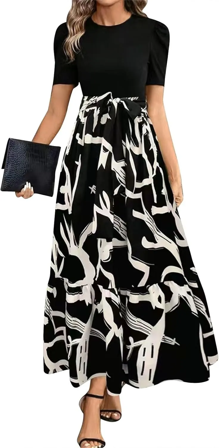 Boho Dresses for Women 2025 Floral Print Belted Patchwork Empire Waist Short Seleeve Maxi Dress