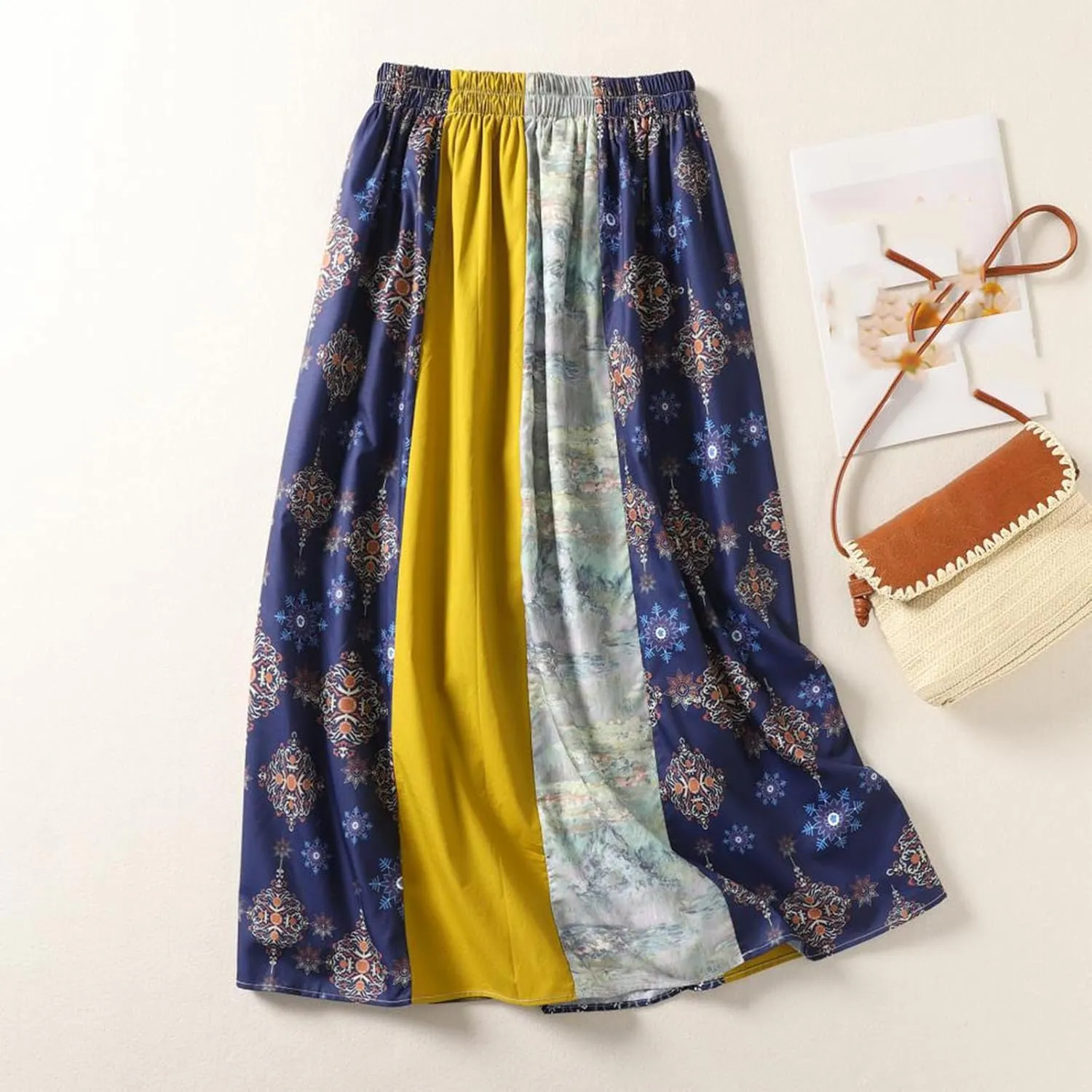 Boho Skirts for Women Dressy Casual Floral Printed Skirt Drawstring Elastic High Tie Waist A Line Flowy Maxi Skirt