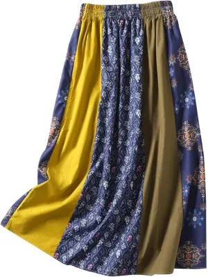 Boho Skirts for Women Dressy Casual Floral Printed Skirt Drawstring Elastic High Tie Waist A Line Flowy Maxi Skirt