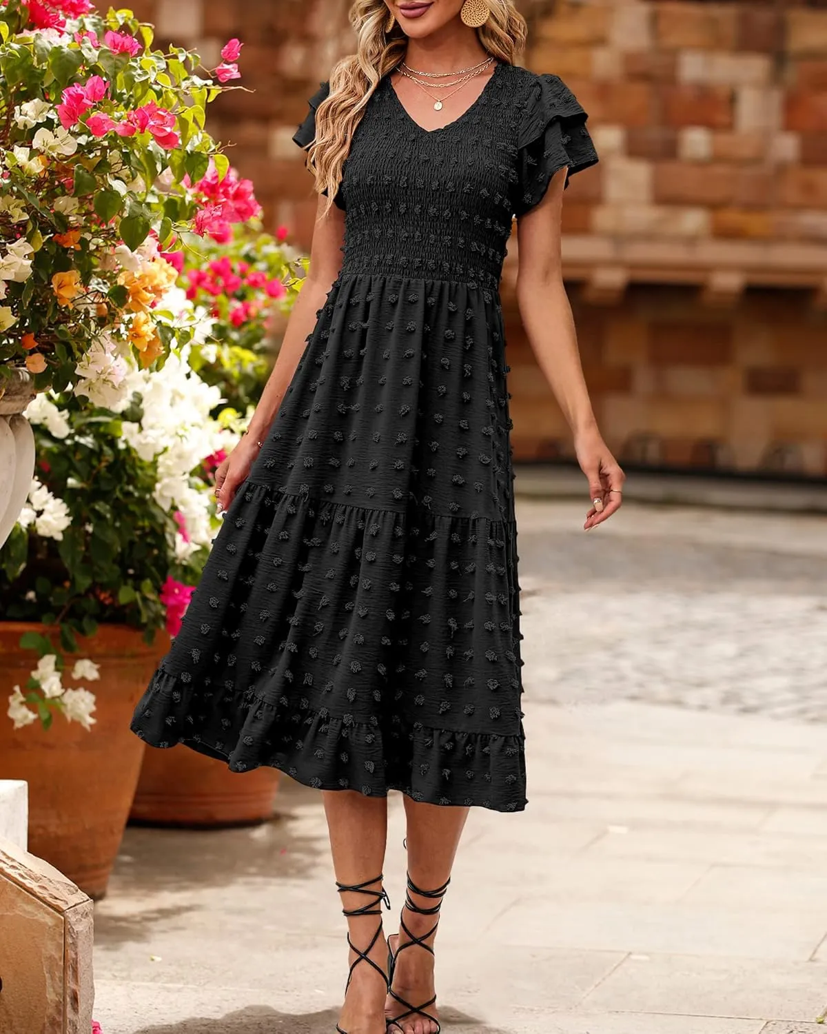 BTFBM Women Casual Summer Short Ruffles Tiered Sleeve Smocked Midi Dresses Bohemian Floral V Neck Wedding Guest Long Dresses