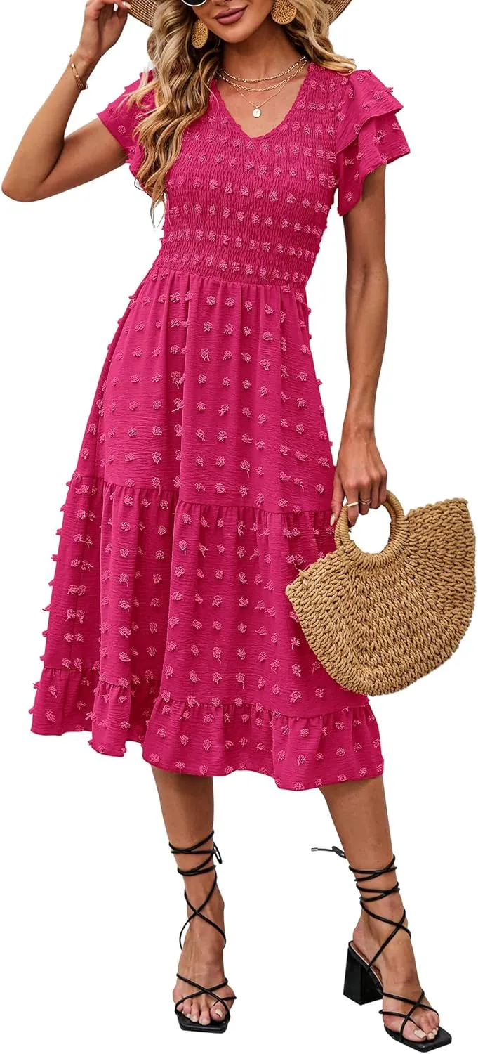 BTFBM Women Casual Summer Short Ruffles Tiered Sleeve Smocked Midi Dresses Bohemian Floral V Neck Wedding Guest Long Dresses